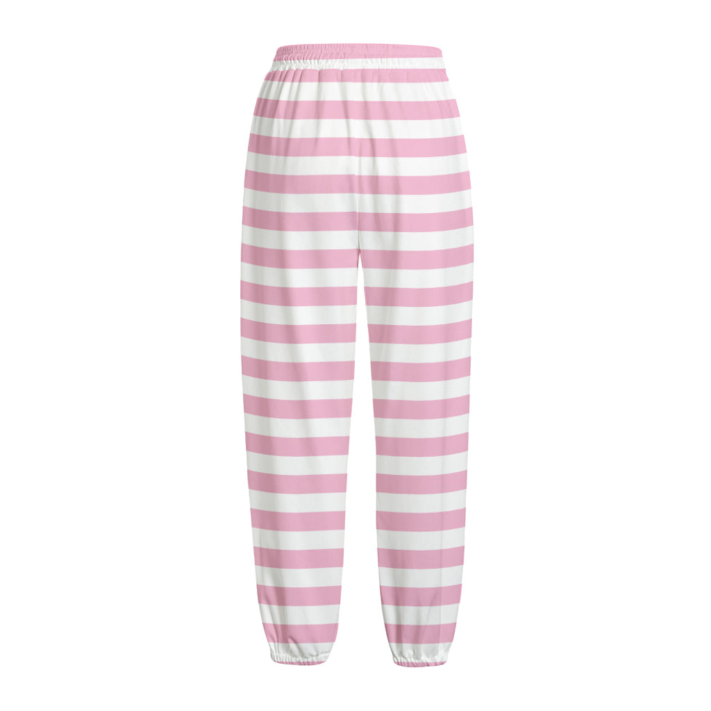 Pink And White Striped Pattern Print Fleece Lined Knit Pants