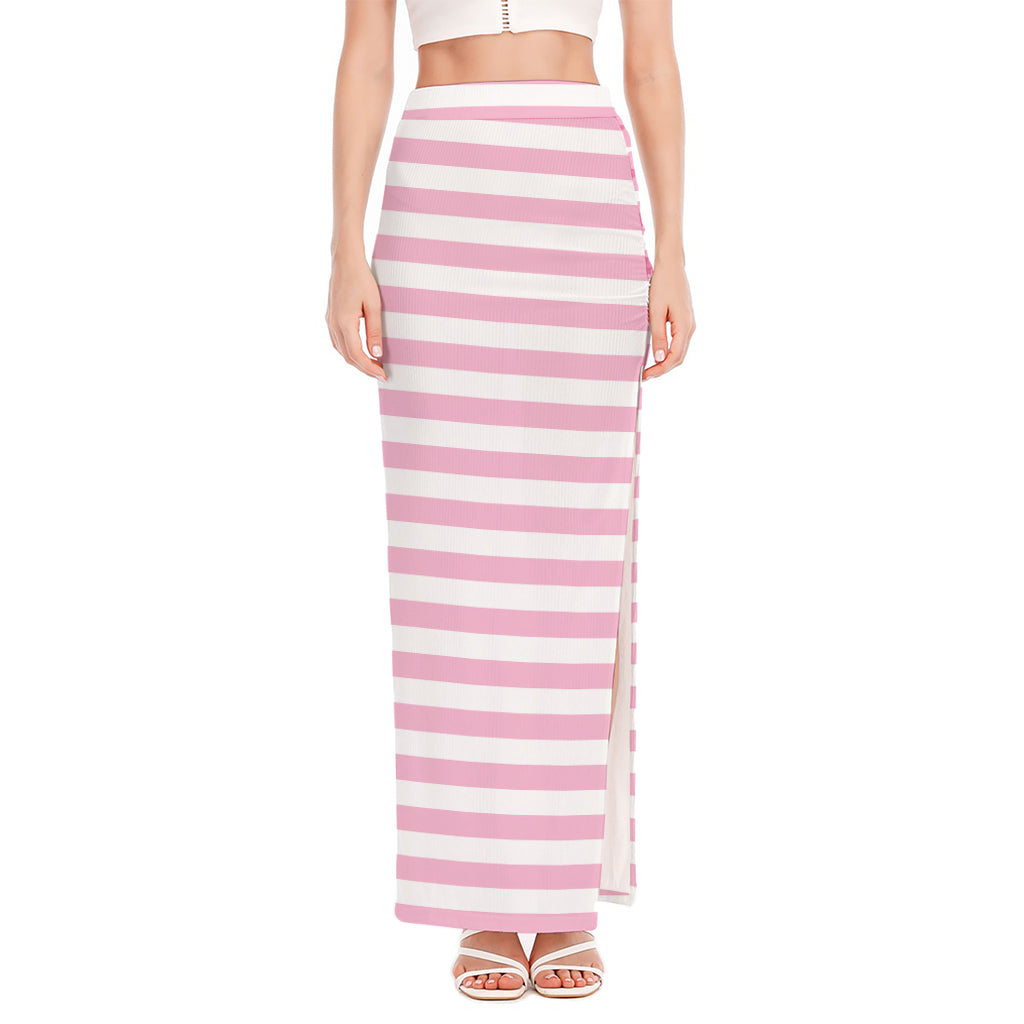 Pink And White Striped Pattern Print High Slit Maxi Skirt