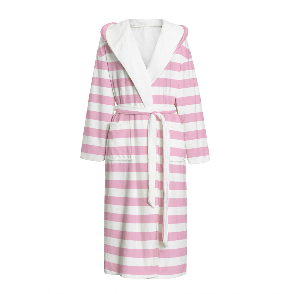 Pink And White Striped Pattern Print Hooded Bathrobe