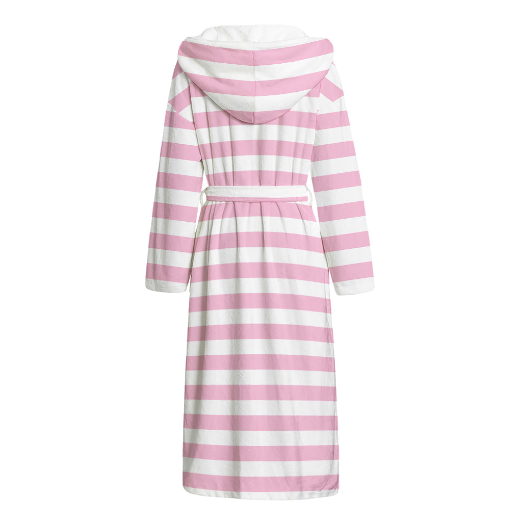Pink And White Striped Pattern Print Hooded Bathrobe