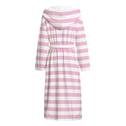 Pink And White Striped Pattern Print Hooded Bathrobe