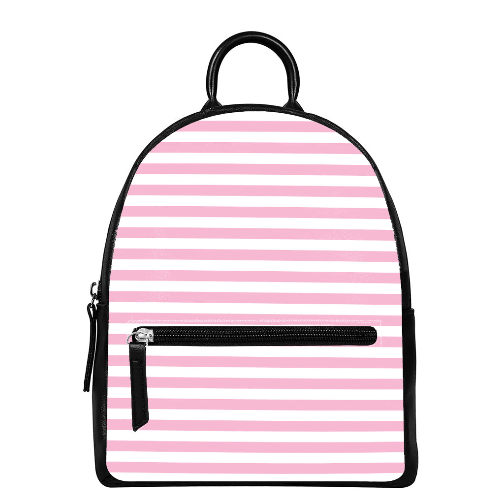 Pink And White Striped Pattern Print Leather Backpack