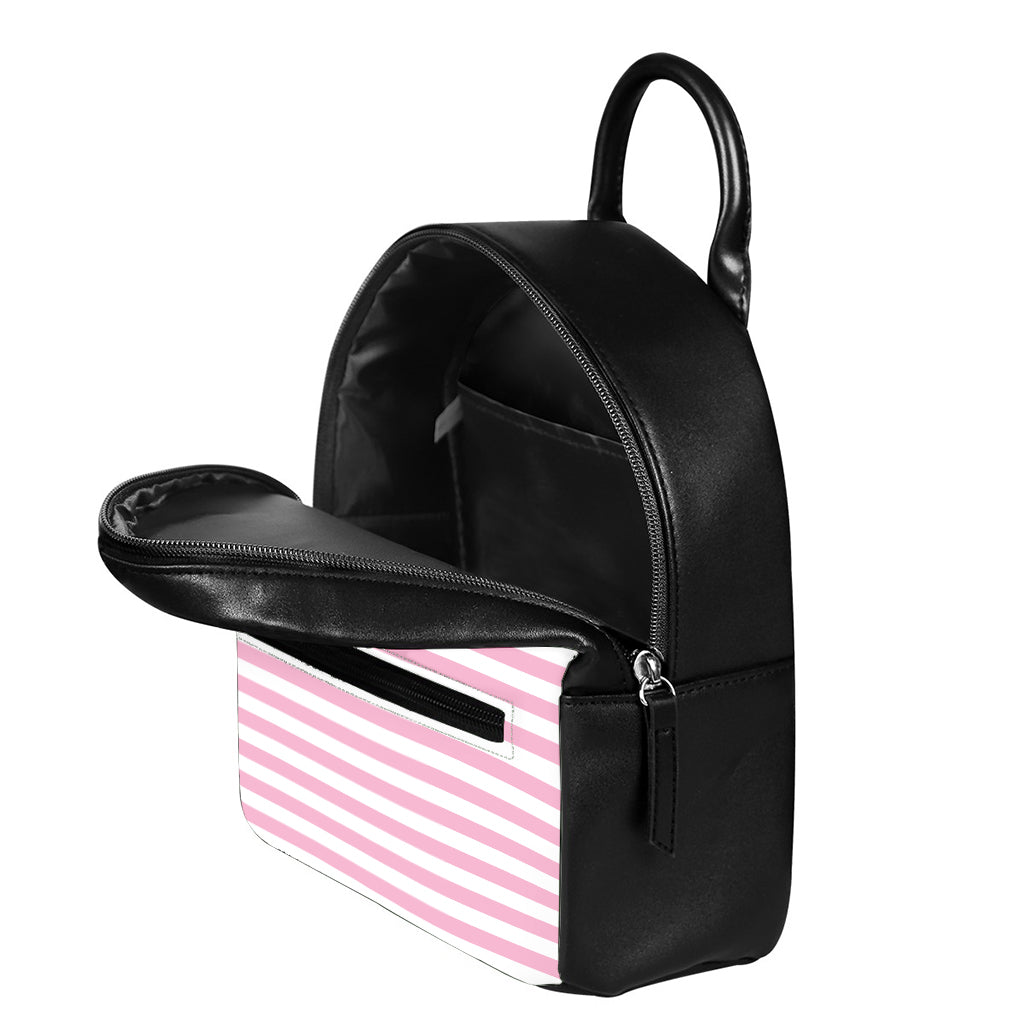 Pink And White Striped Pattern Print Leather Backpack