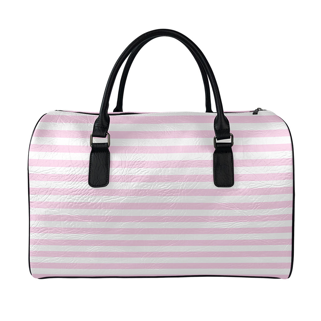 Pink And White Striped Pattern Print Leather Duffle Bag