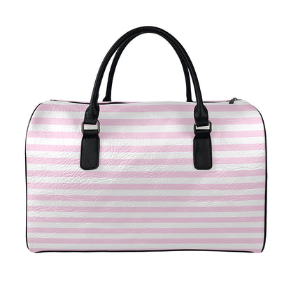 Pink And White Striped Pattern Print Leather Duffle Bag
