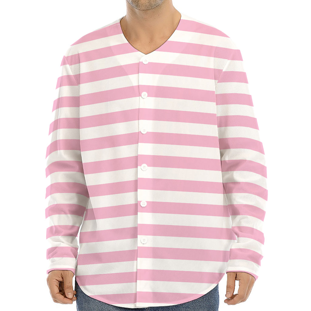 Pink And White Striped Pattern Print Long Sleeve Baseball Jersey