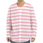 Pink And White Striped Pattern Print Long Sleeve Baseball Jersey