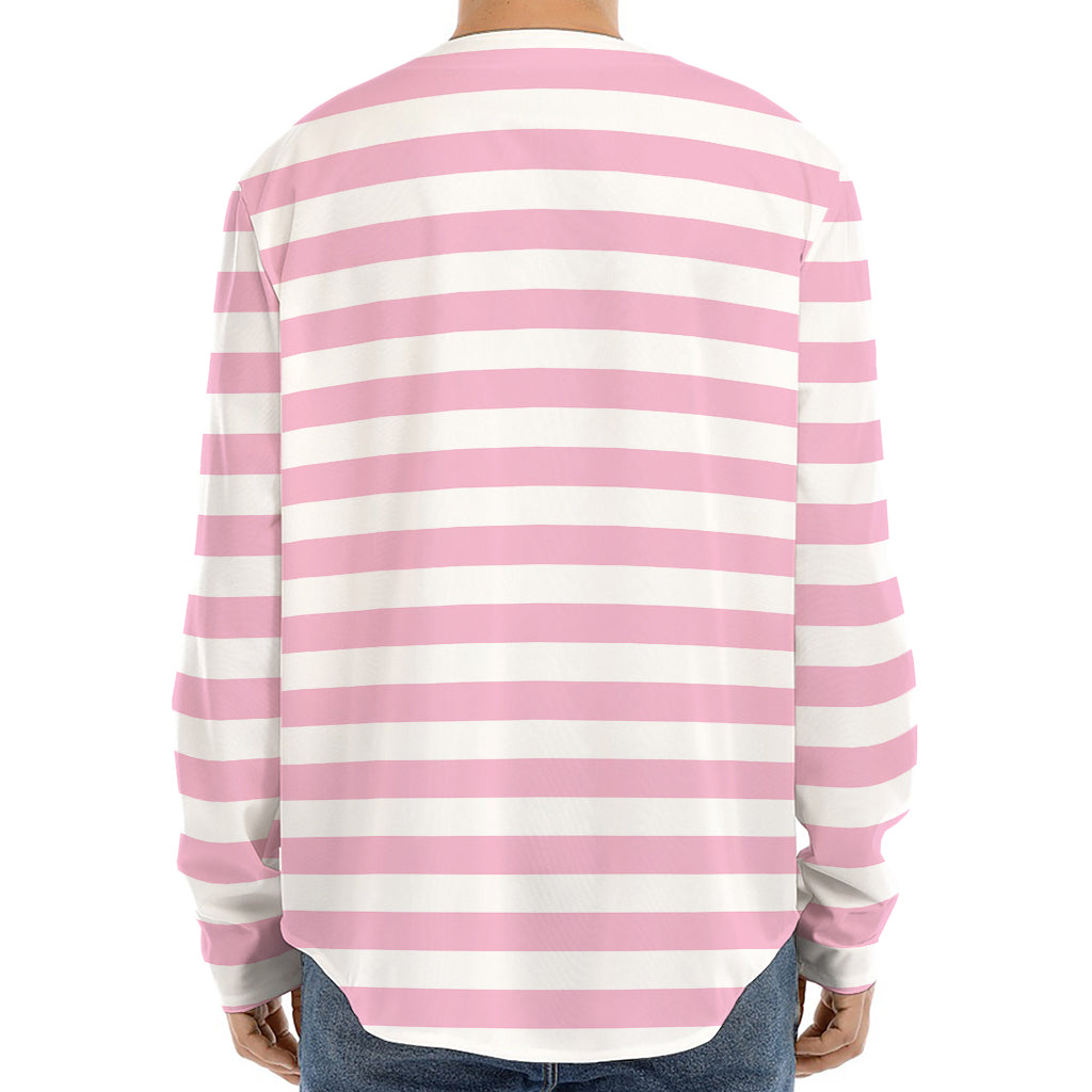 Pink And White Striped Pattern Print Long Sleeve Baseball Jersey