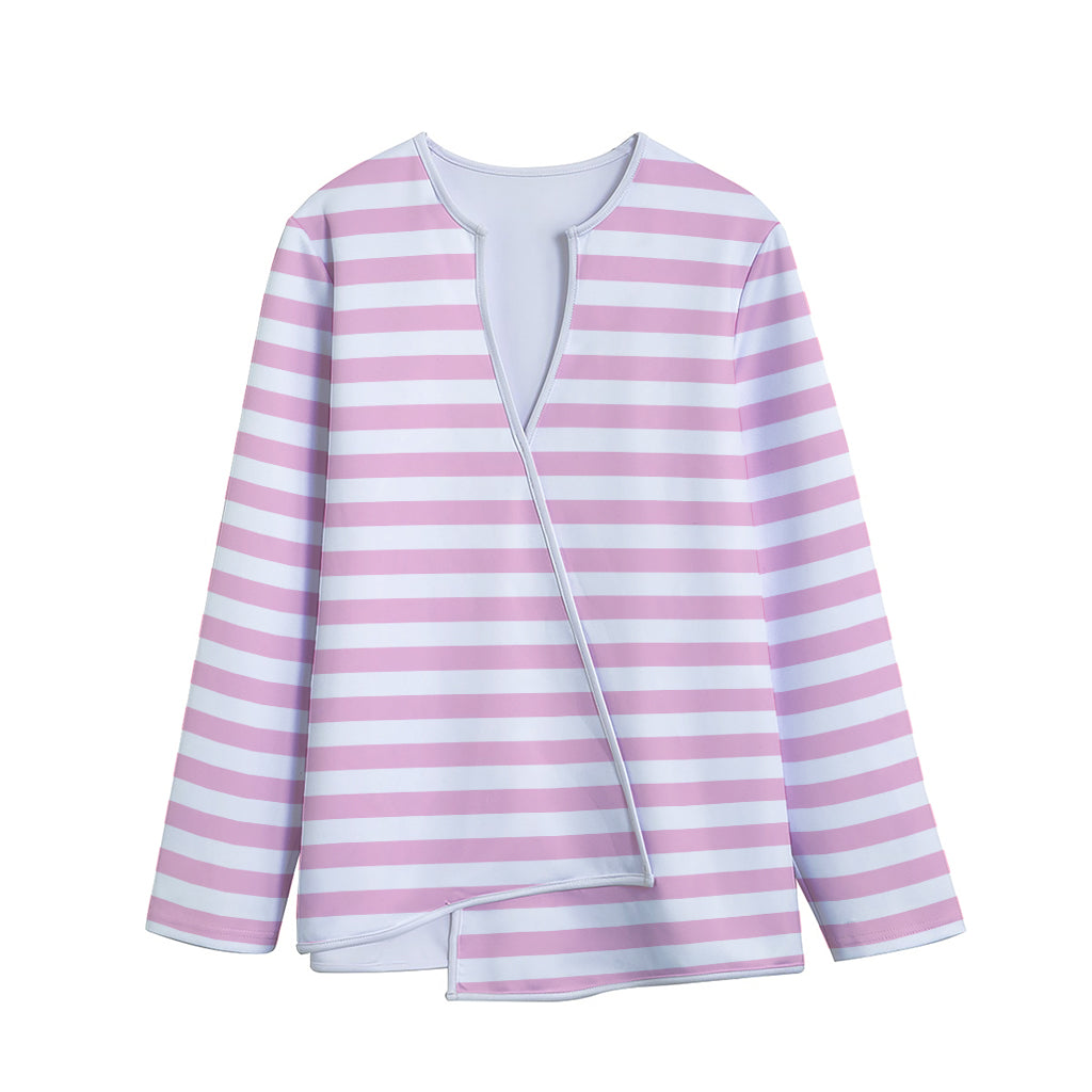 Pink And White Striped Pattern Print Long Sleeve Short Coat