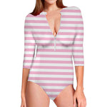 Pink And White Striped Pattern Print Long Sleeve Swimsuit