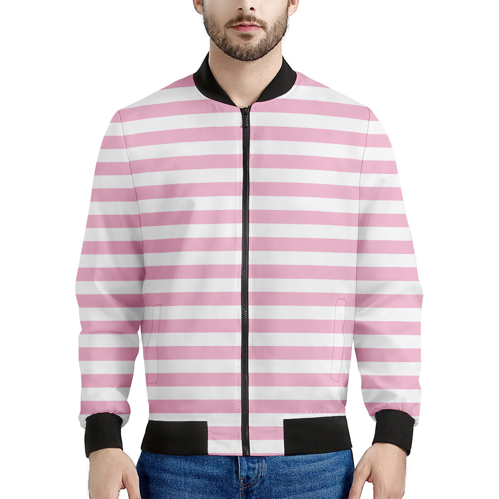 Pink And White Striped Pattern Print Men's Bomber Jacket