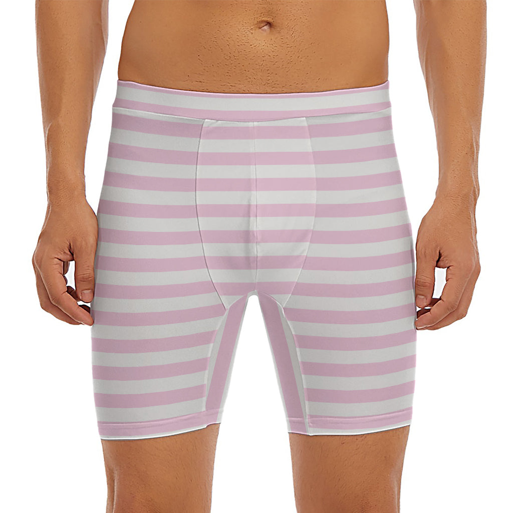 Pink And White Striped Pattern Print Men's Long Boxer Briefs