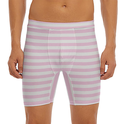 Pink And White Striped Pattern Print Men's Long Boxer Briefs