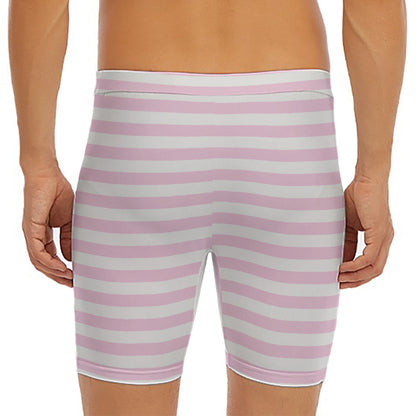 Pink And White Striped Pattern Print Men's Long Boxer Briefs