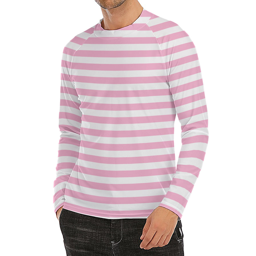 Pink And White Striped Pattern Print Men's Long Sleeve Rash Guard