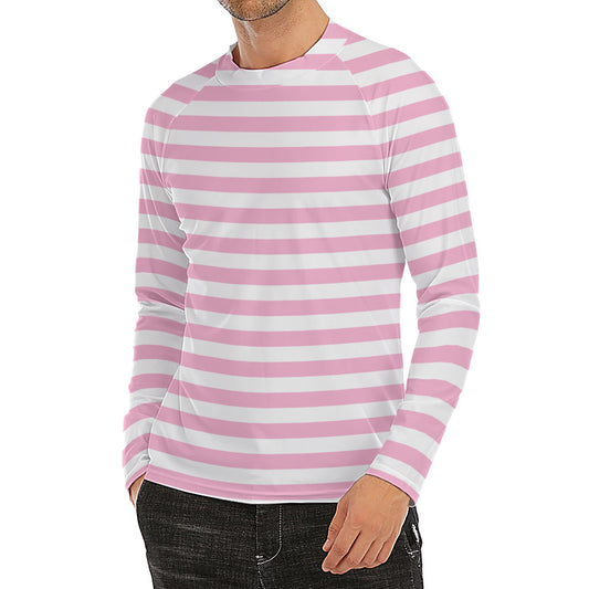 Pink And White Striped Pattern Print Men's Long Sleeve Rash Guard