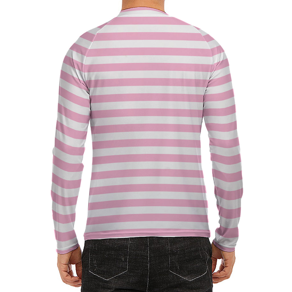 Pink And White Striped Pattern Print Men's Long Sleeve Rash Guard