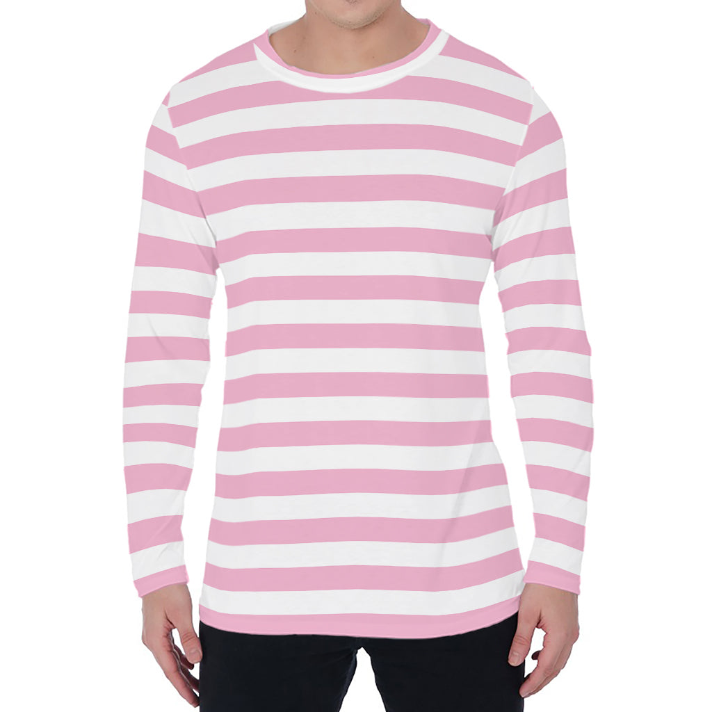 Pink And White Striped Pattern Print Men's Long Sleeve T-Shirt