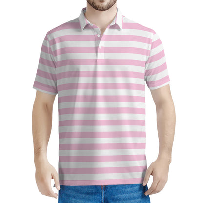 Pink And White Striped Pattern Print Men's Polo Shirt