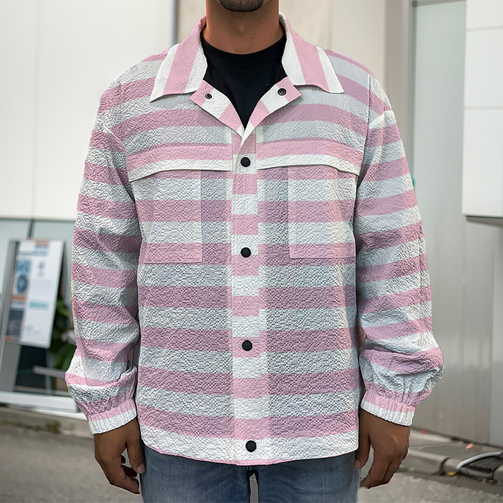 Pink And White Striped Pattern Print Men's Shirt Jacket