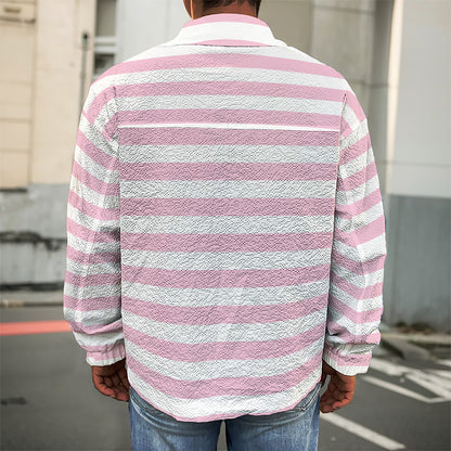 Pink And White Striped Pattern Print Men's Shirt Jacket