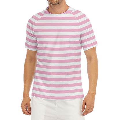 Pink And White Striped Pattern Print Men's Short Sleeve Rash Guard