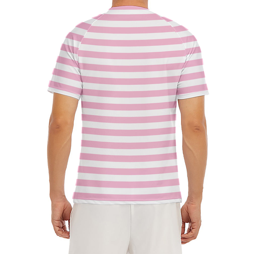 Pink And White Striped Pattern Print Men's Short Sleeve Rash Guard