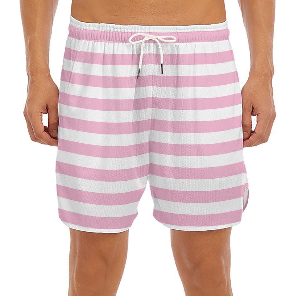 Pink And White Striped Pattern Print Men's Split Running Shorts