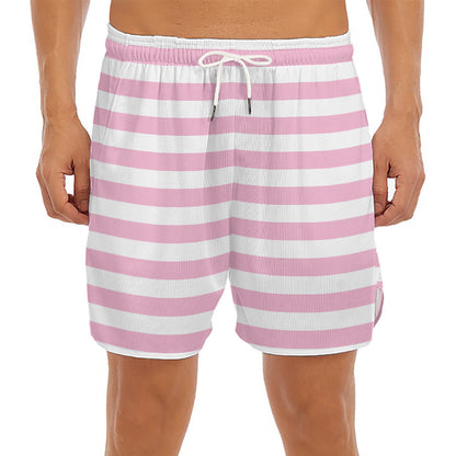 Pink And White Striped Pattern Print Men's Split Running Shorts
