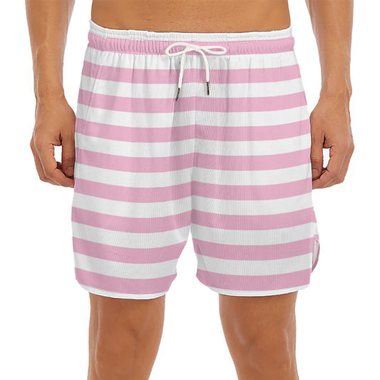 Pink And White Striped Pattern Print Men's Split Running Shorts