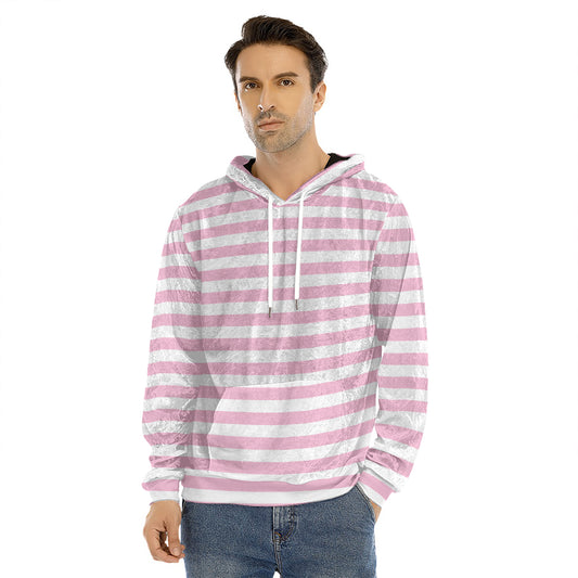 Pink And White Striped Pattern Print Men's Velvet Pullover Hoodie