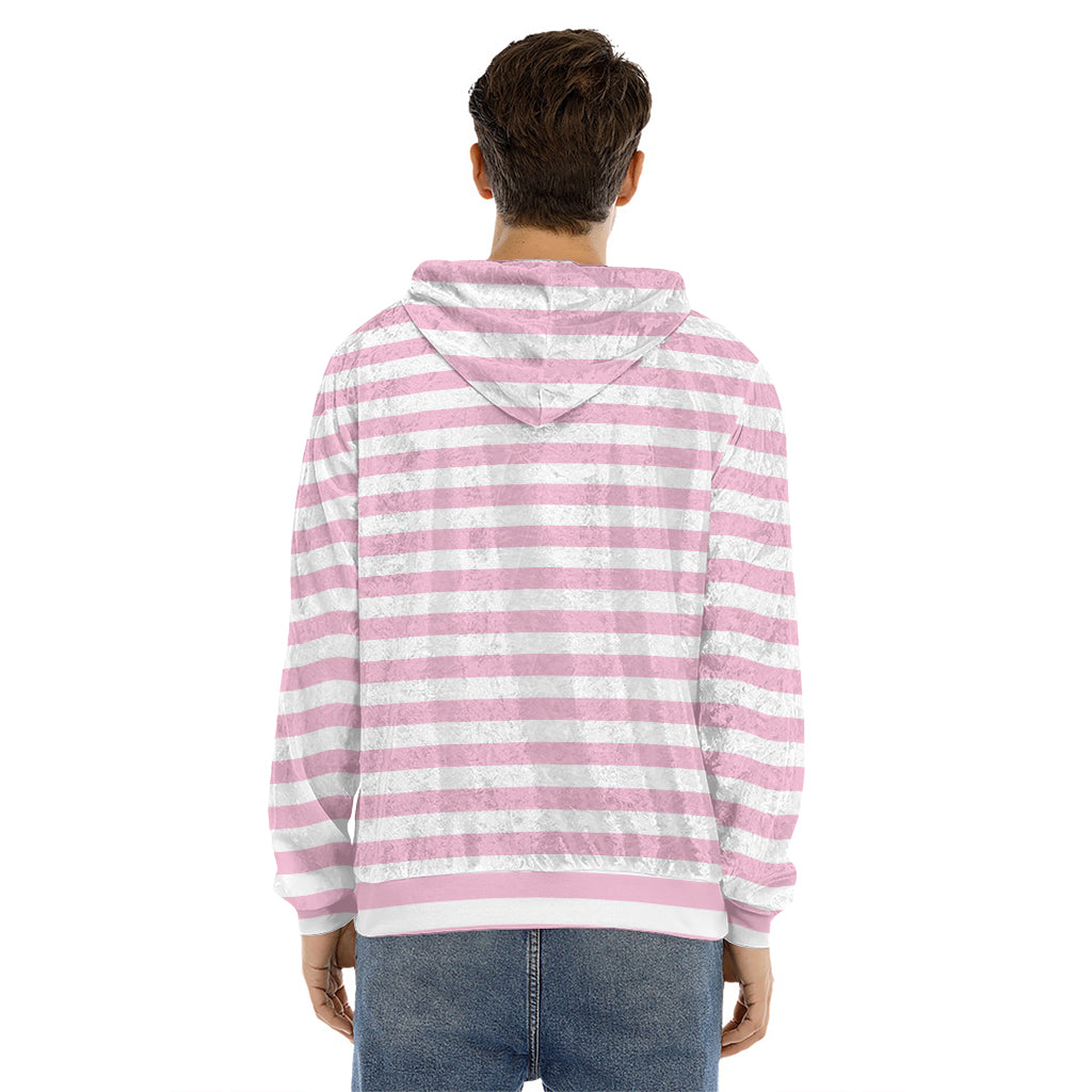 Pink And White Striped Pattern Print Men's Velvet Pullover Hoodie