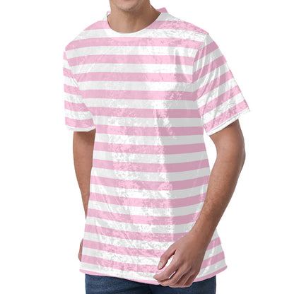Pink And White Striped Pattern Print Men's Velvet T-Shirt