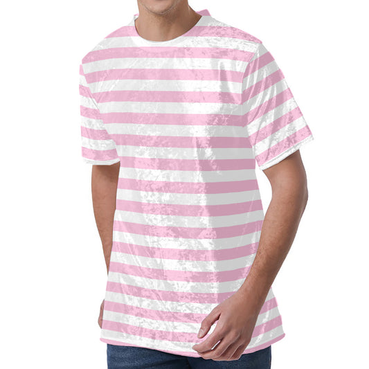 Pink And White Striped Pattern Print Men's Velvet T-Shirt