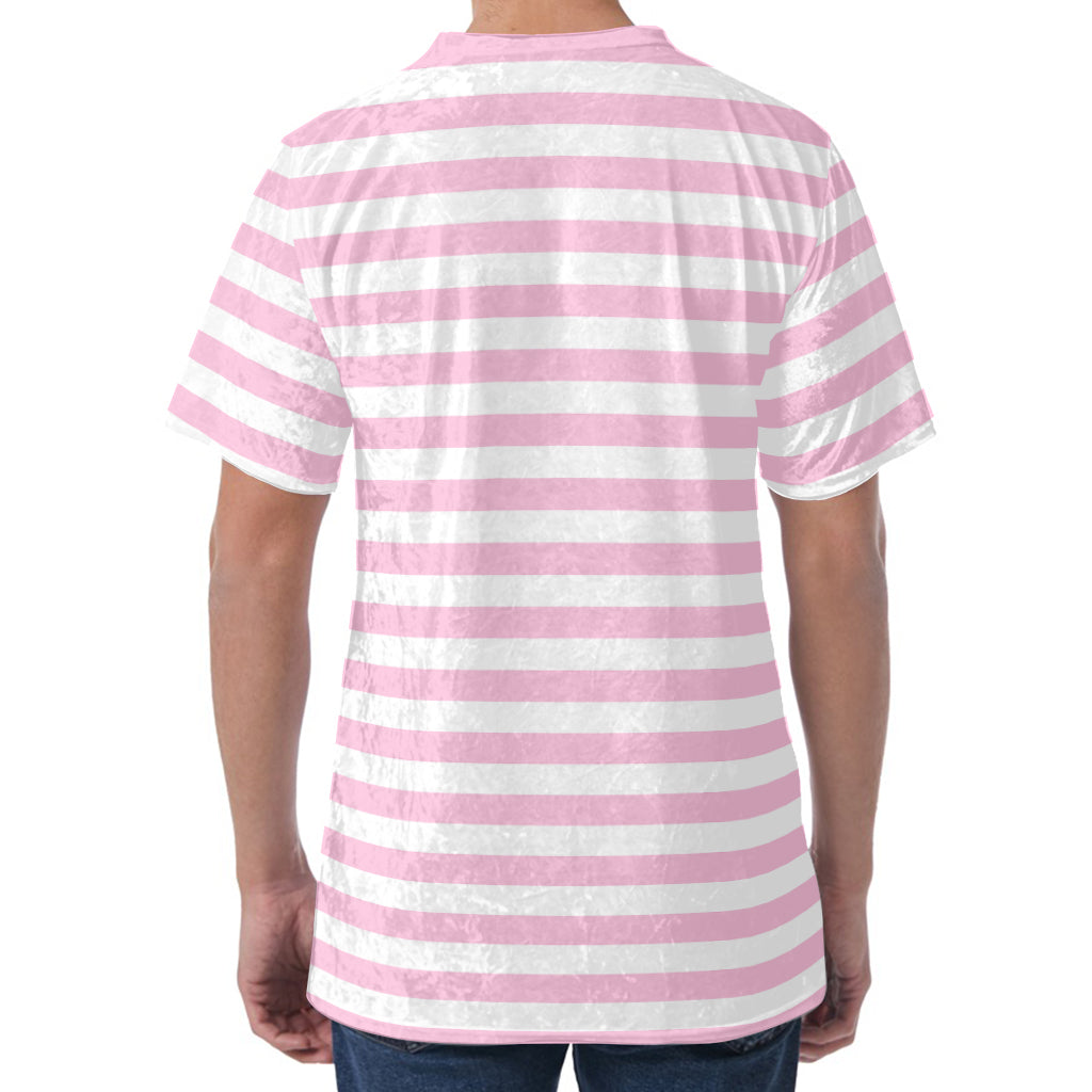 Pink And White Striped Pattern Print Men's Velvet T-Shirt