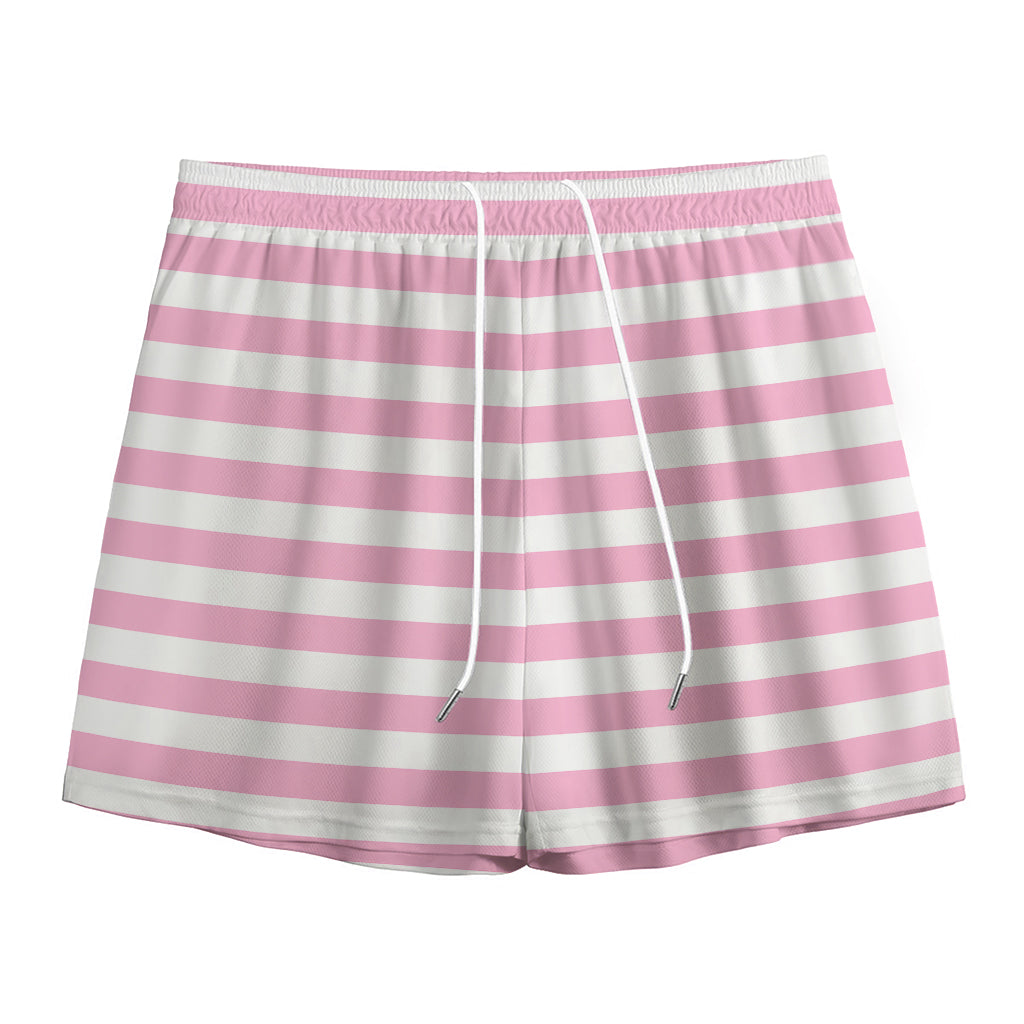 Pink And White Striped Pattern Print Mesh Shorts