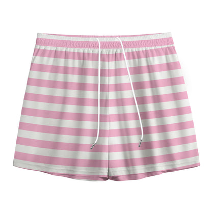 Pink And White Striped Pattern Print Mesh Shorts