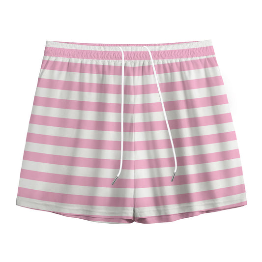 Pink And White Striped Pattern Print Mesh Shorts