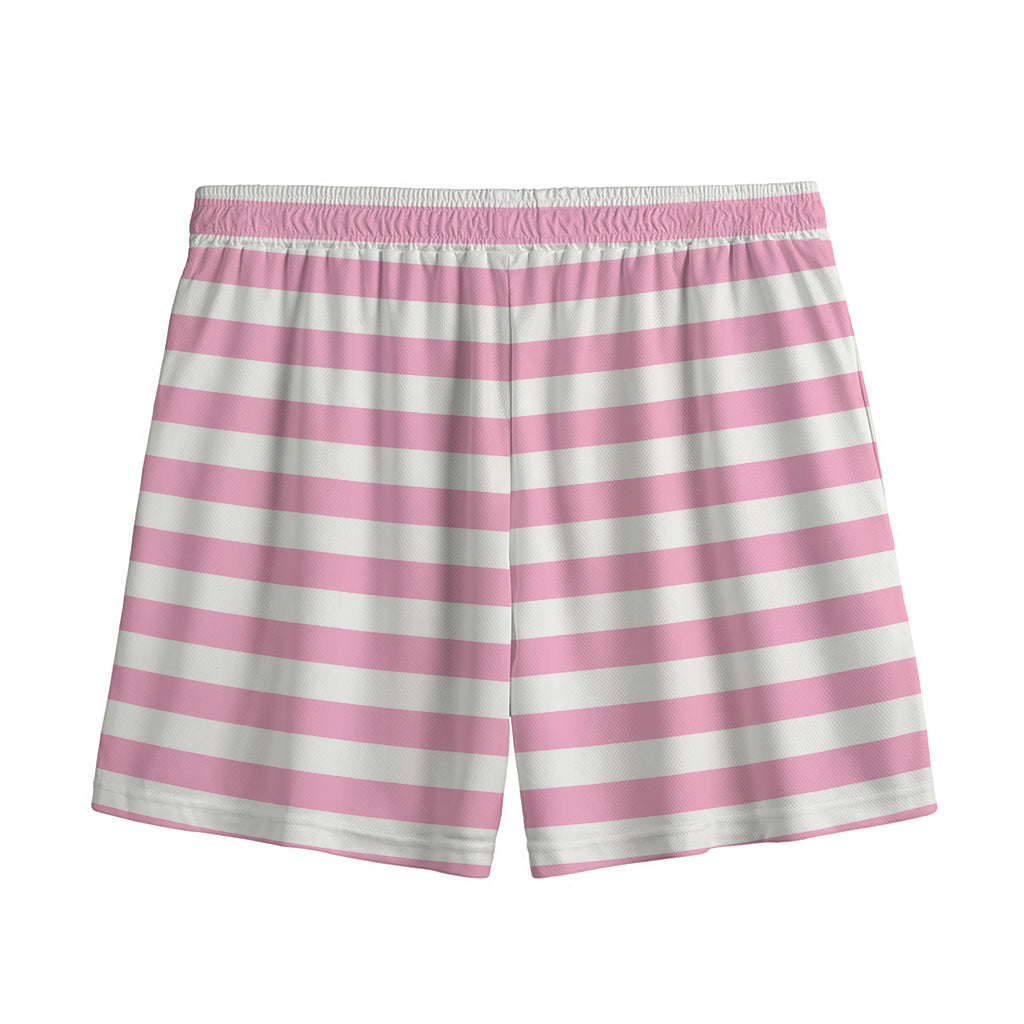 Pink And White Striped Pattern Print Mesh Shorts
