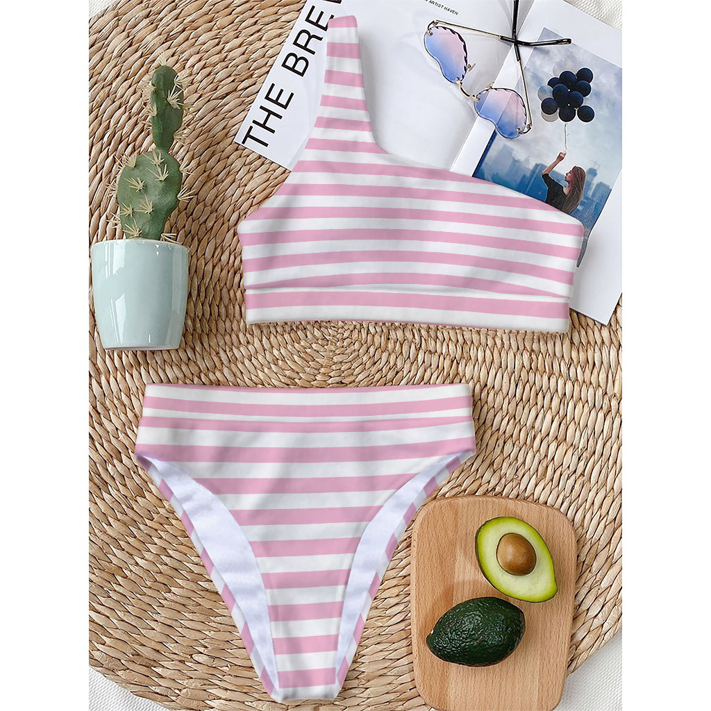 Pink And White Striped Pattern Print One Shoulder Bikini Top