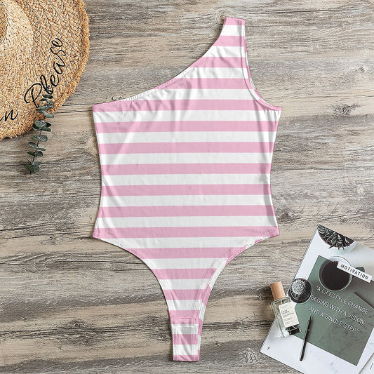 Pink And White Striped Pattern Print One Shoulder Bodysuit