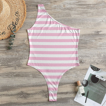 Pink And White Striped Pattern Print One Shoulder Bodysuit