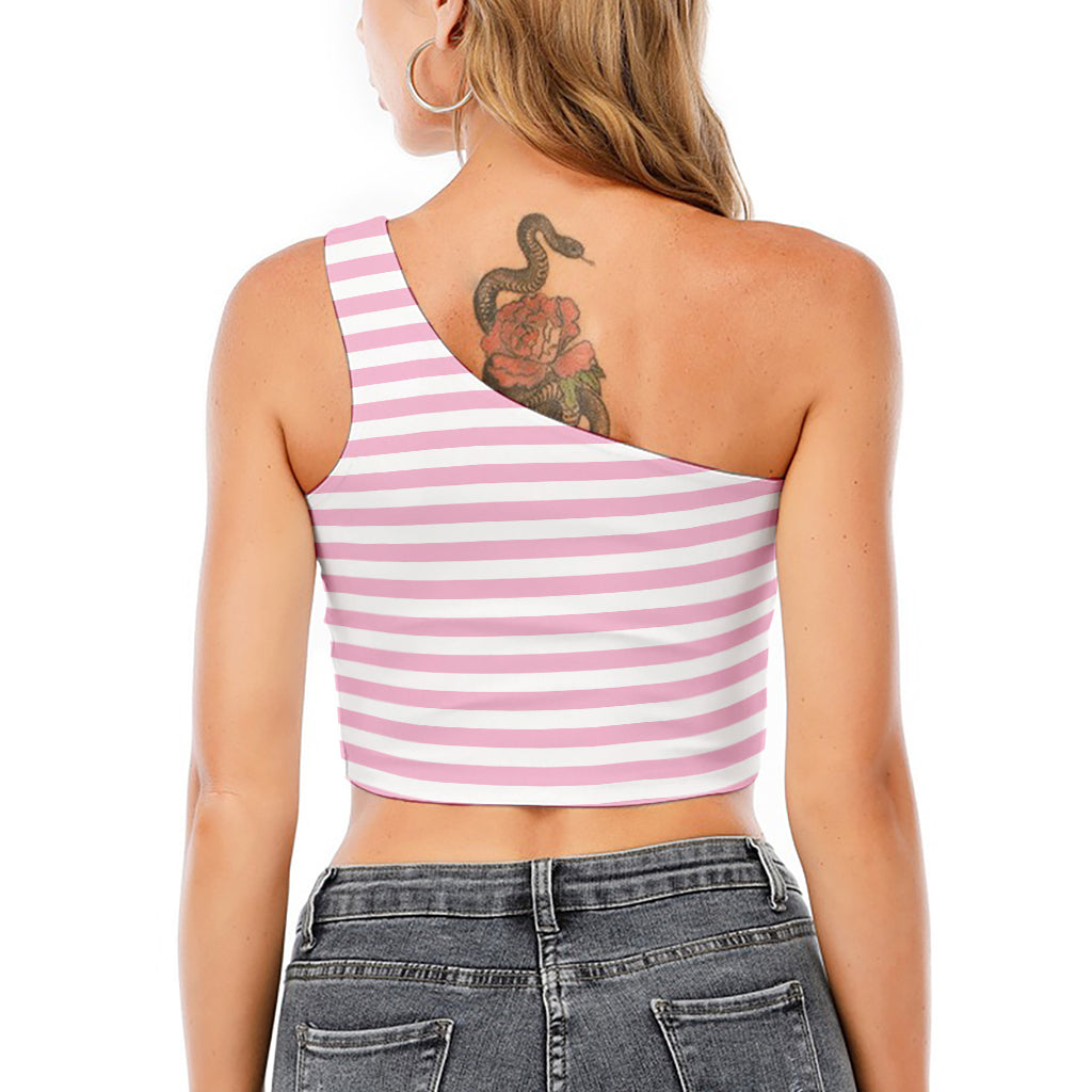 Pink And White Striped Pattern Print One Shoulder Crop Top