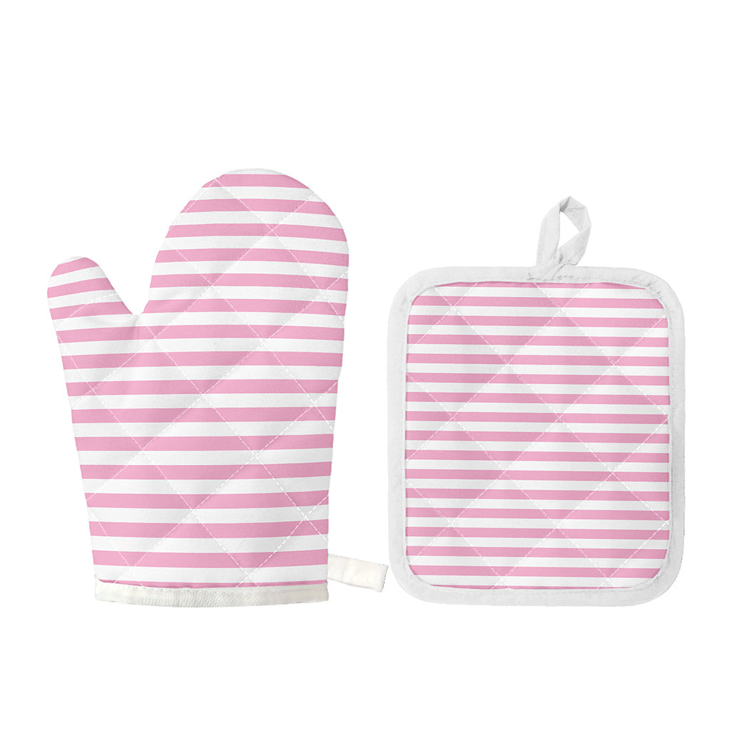 Pink And White Striped Pattern Print Oven Mitt And Pot Holder Set