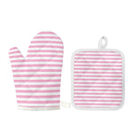 Pink And White Striped Pattern Print Oven Mitt And Pot Holder Set