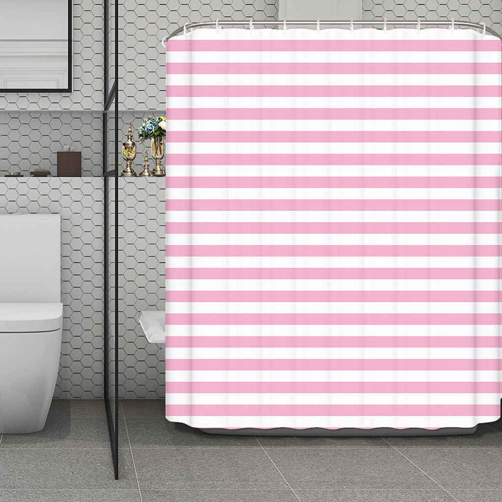 Pink And White Striped Pattern Print Polyester Shower Curtain