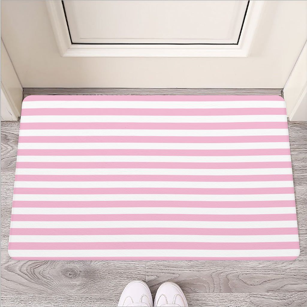 Pink And White Striped Pattern Print Rubber Doormat