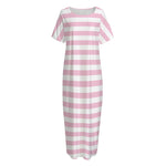 Pink And White Striped Pattern Print Short Sleeve Long Nightdress