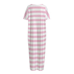 Pink And White Striped Pattern Print Short Sleeve Long Nightdress