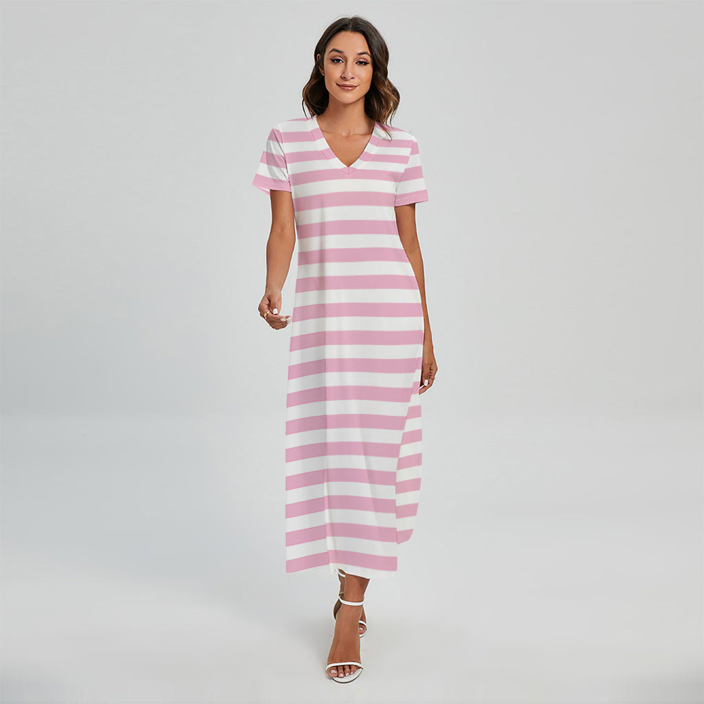 Pink And White Striped Pattern Print Short Sleeve Maxi Dress